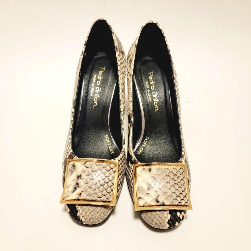 Pedro Anton Made in Spain Faux Snake Embossed Buckle Pumps Block Heel Shoes 36